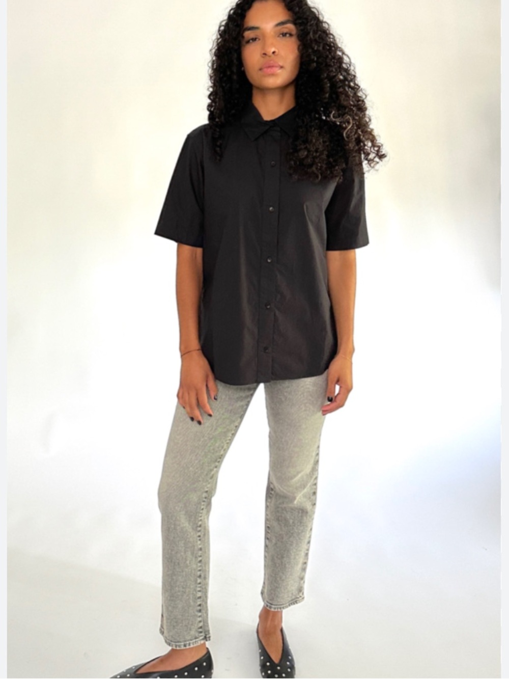Apiece Apart Women's Organic Cotton Short Sleeve Button Down Blouse Size 6 Black